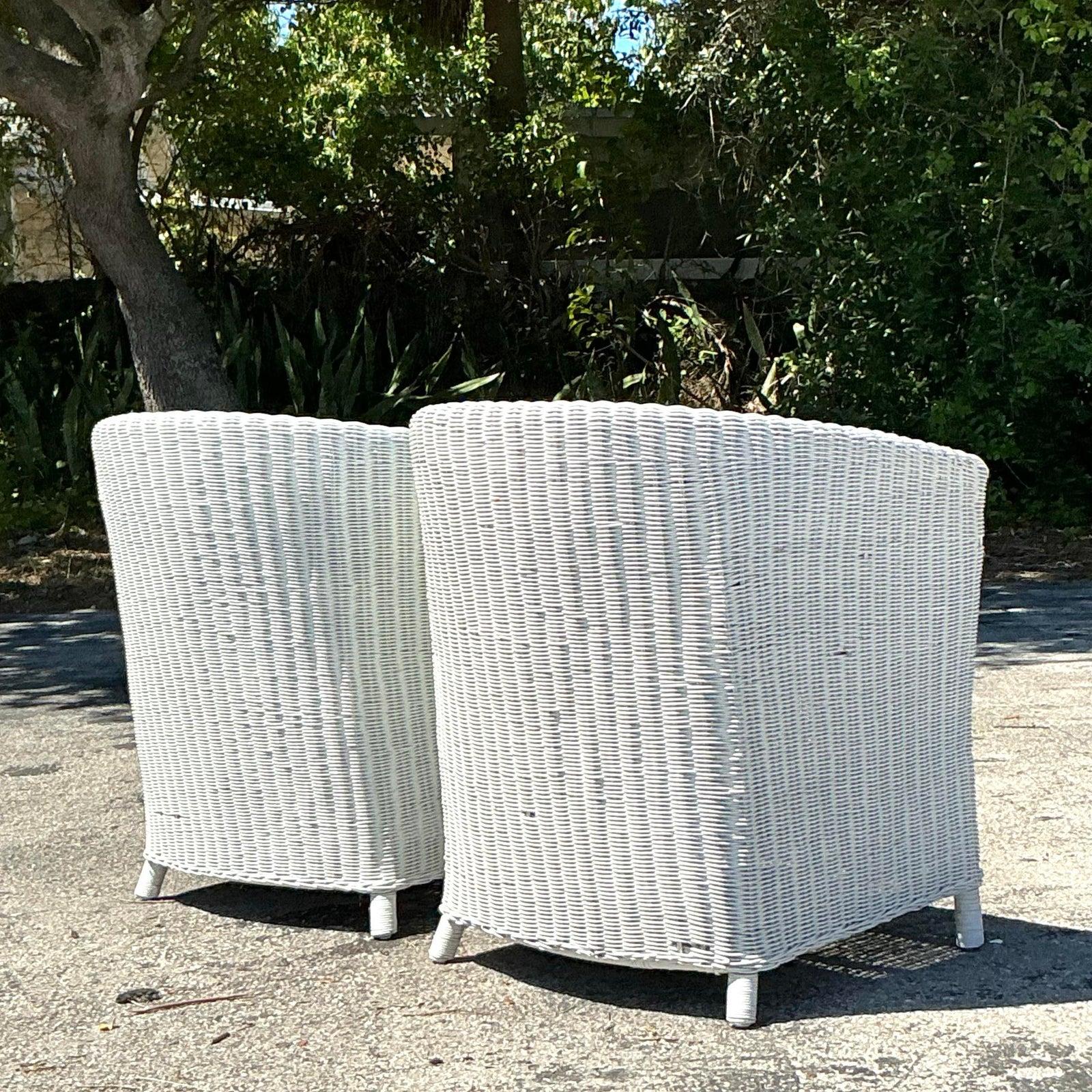 20th Century Vintage Coastal Woven Rattan Tub Chairs - A Pair For Sale