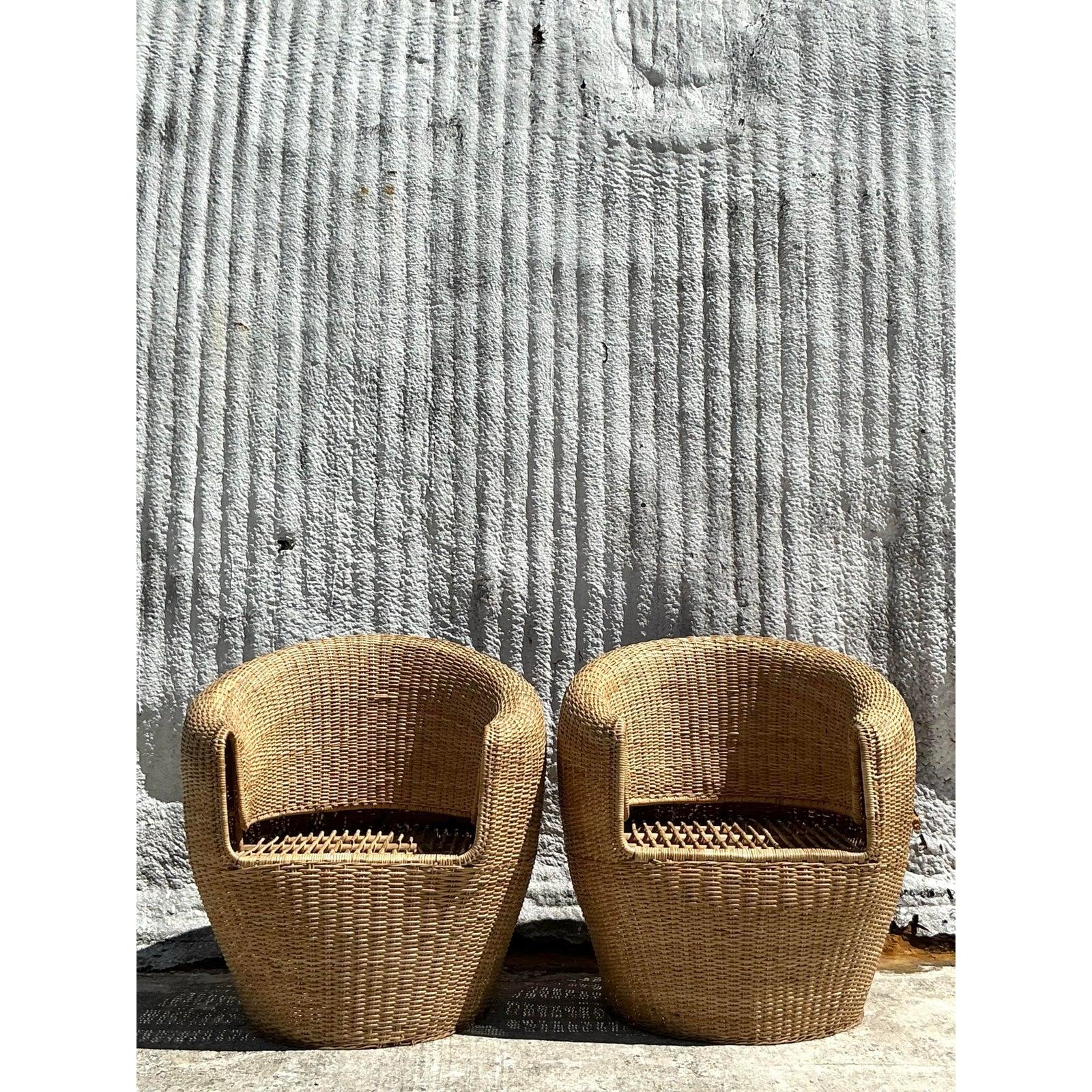 Wicker Vintage Coastal Woven Rattan Tub Chairs - A Pair