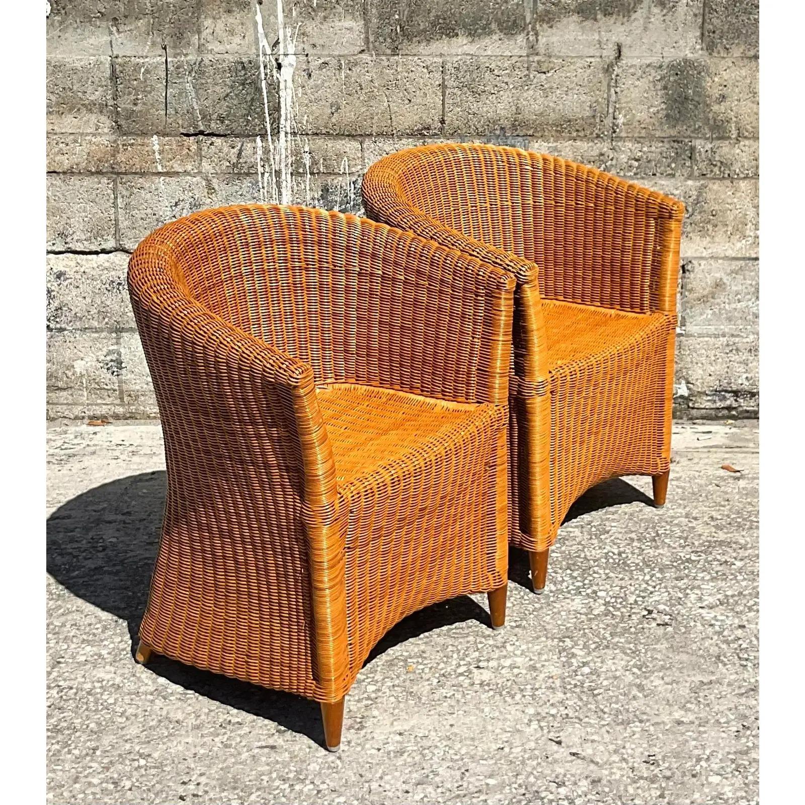 Vintage Coastal Woven Rattan Tub Chairs, a Pair 2