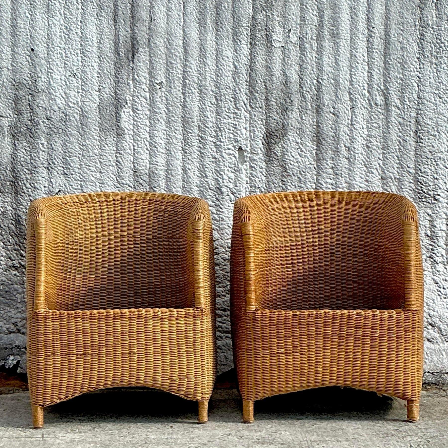 Vintage Coastal Woven Rattan Tub Chairs - a Pair 2