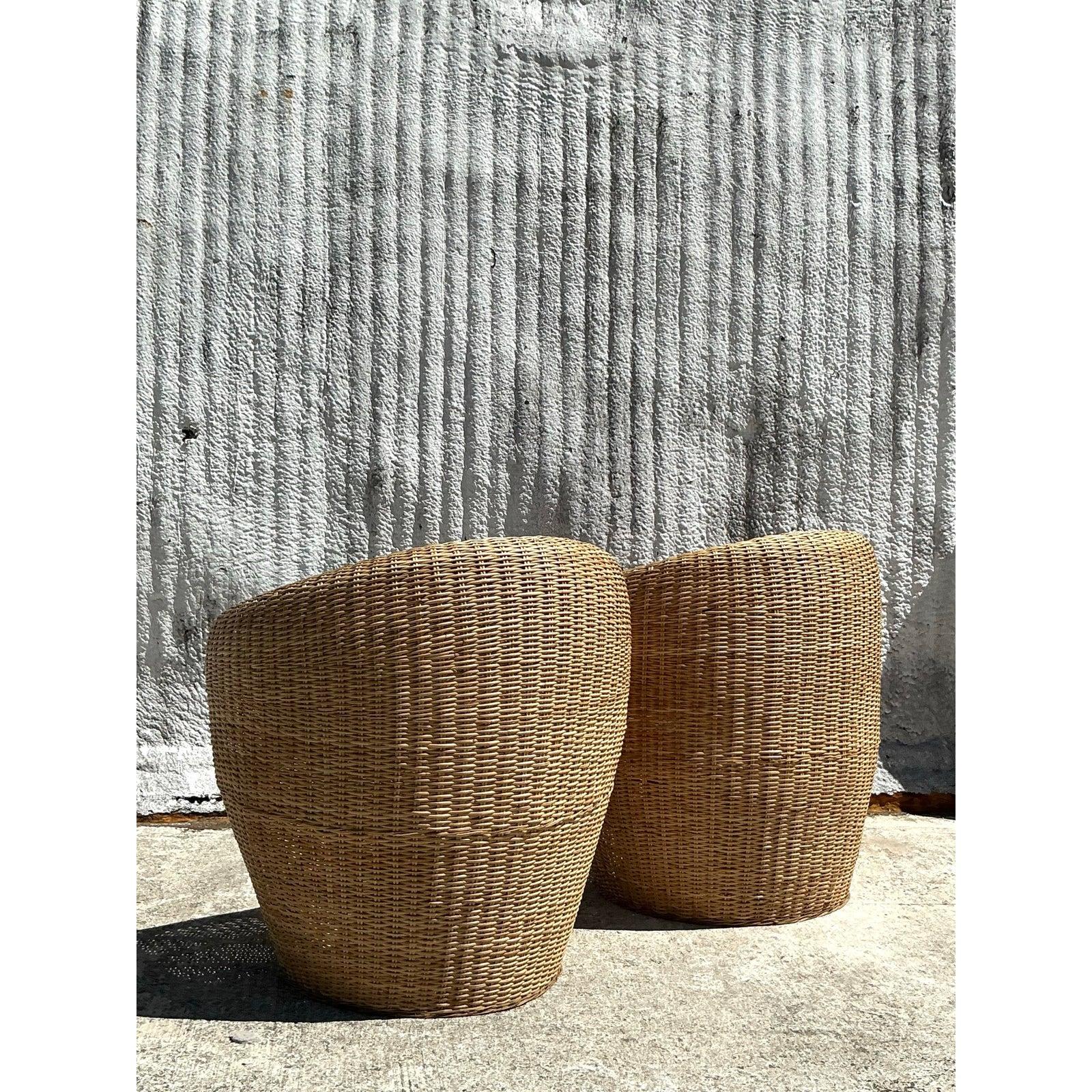 Vintage Coastal Woven Rattan Tub Chairs - A Pair 1