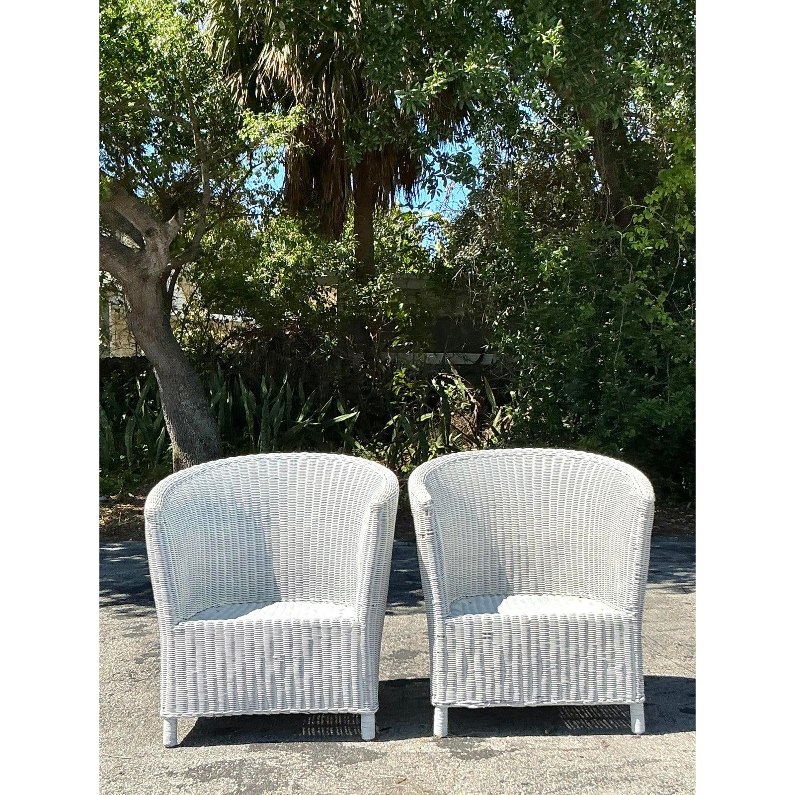 Vintage Coastal Woven Rattan Tub Chairs - A Pair For Sale 1