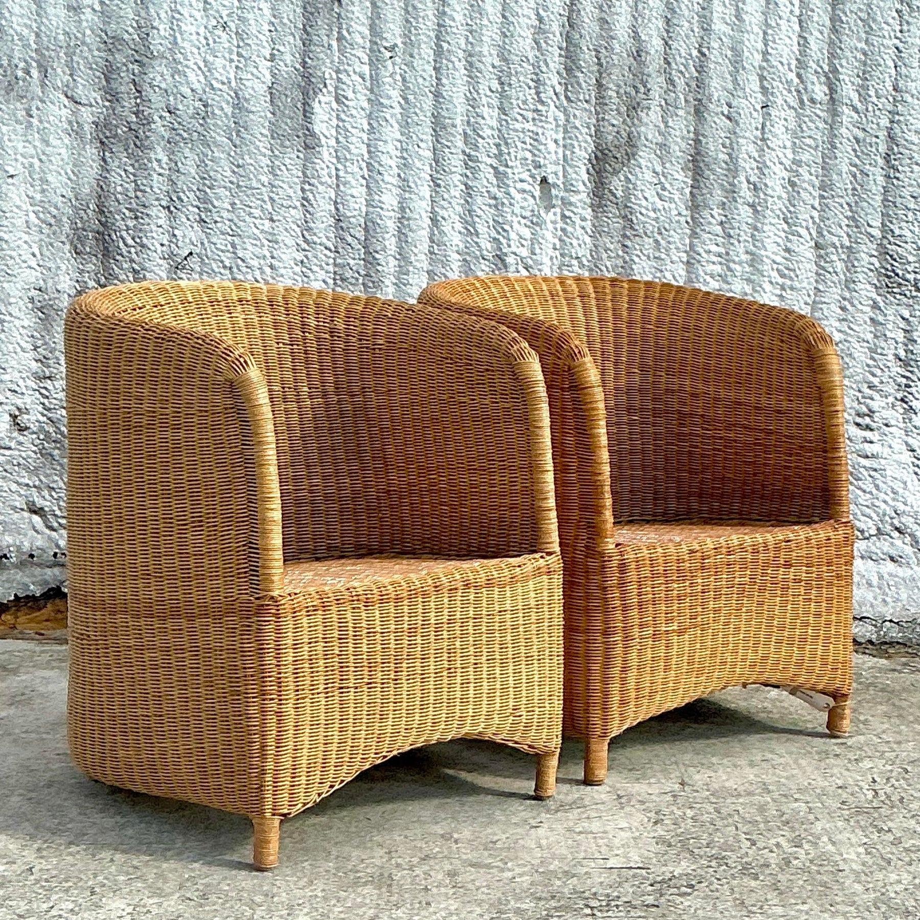 Vintage Coastal Woven Rattan Tub Chairs - a Pair 3