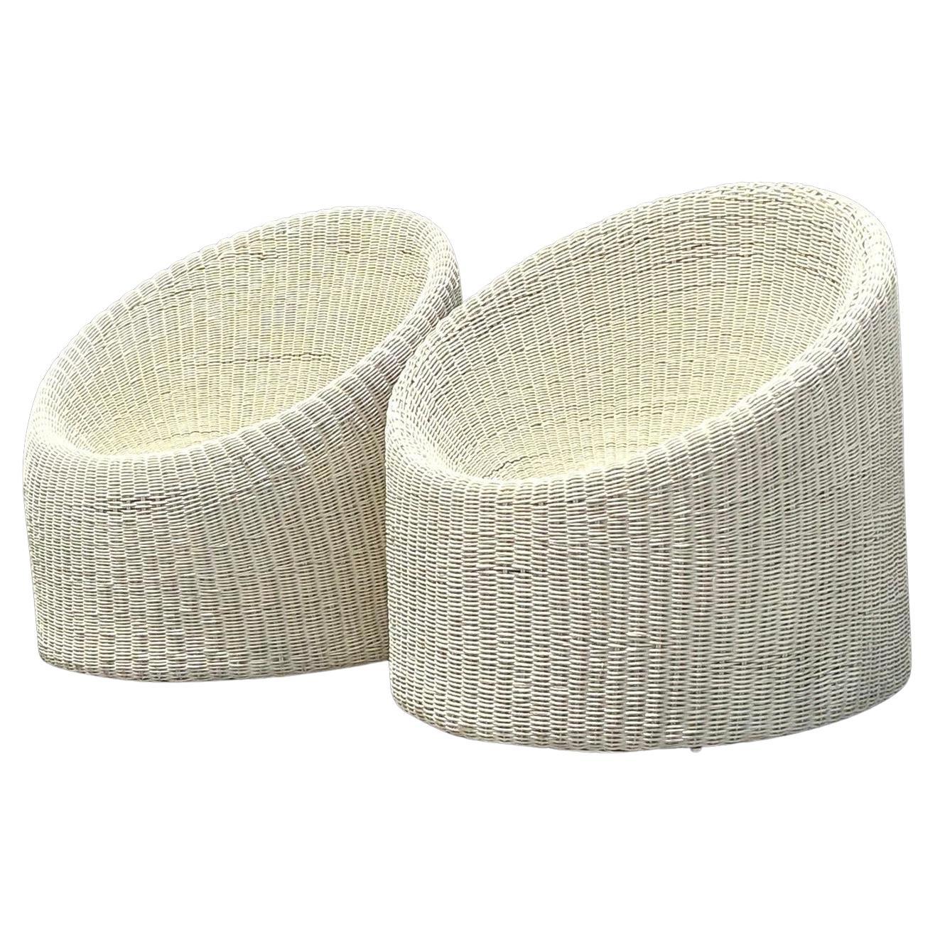 Vintage Coastal Woven Rattan Tub Chairs - a Pair