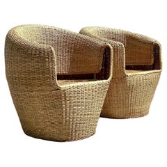 Vintage Coastal Woven Rattan Tub Chairs - A Pair
