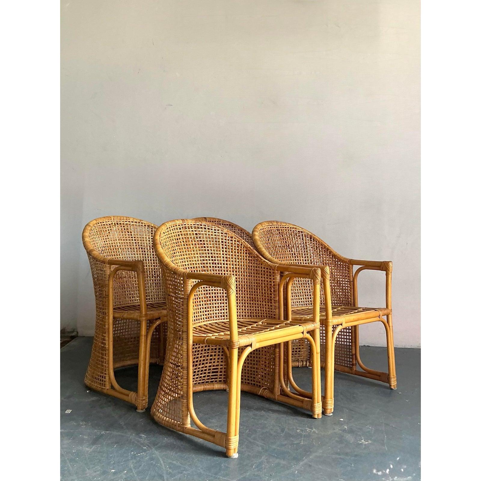 Vintage Coastal Woven Rattan Tub Chairs - A Set of 4 For Sale 4