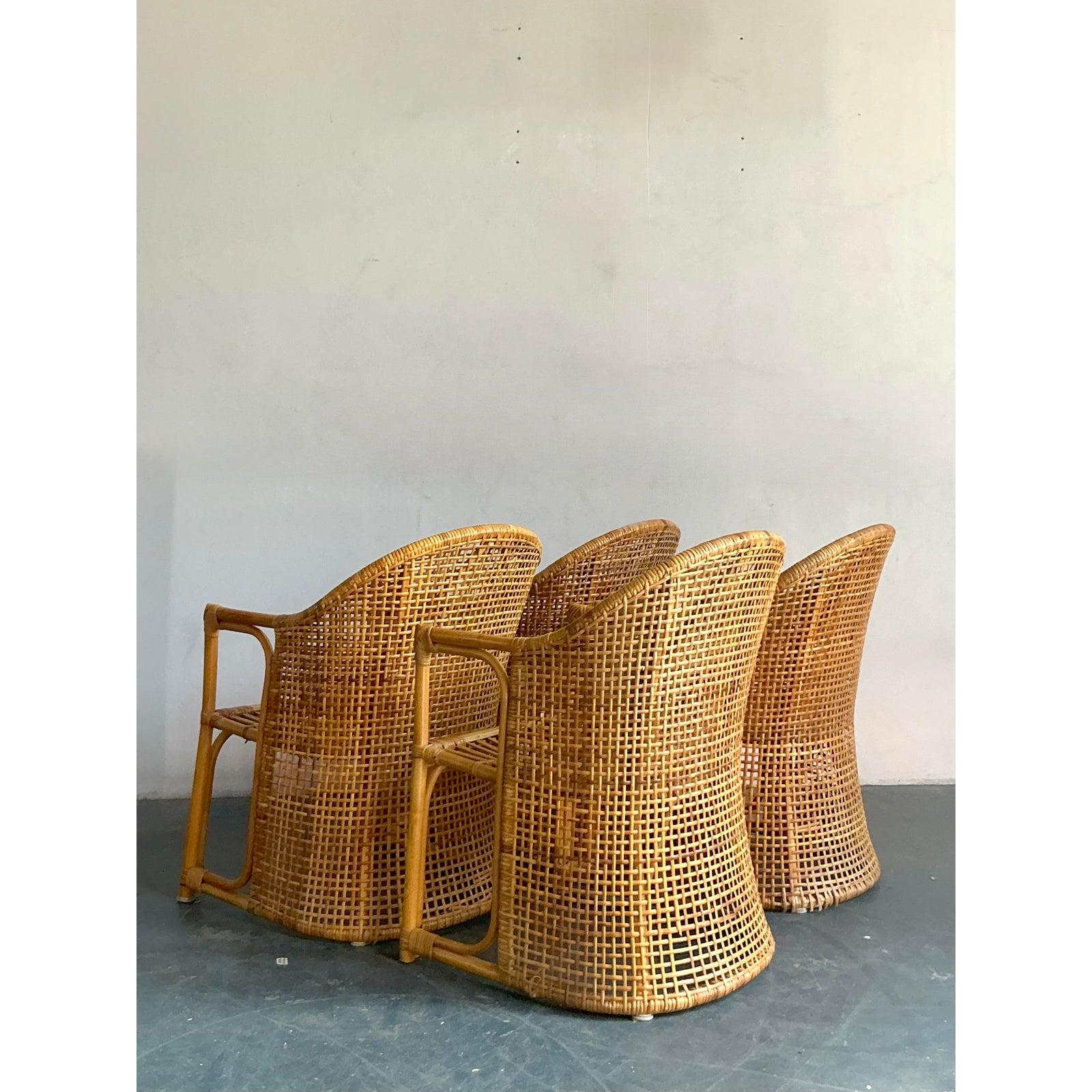 Rustic Vintage Coastal Woven Rattan Tub Chairs - A Set of 4 For Sale