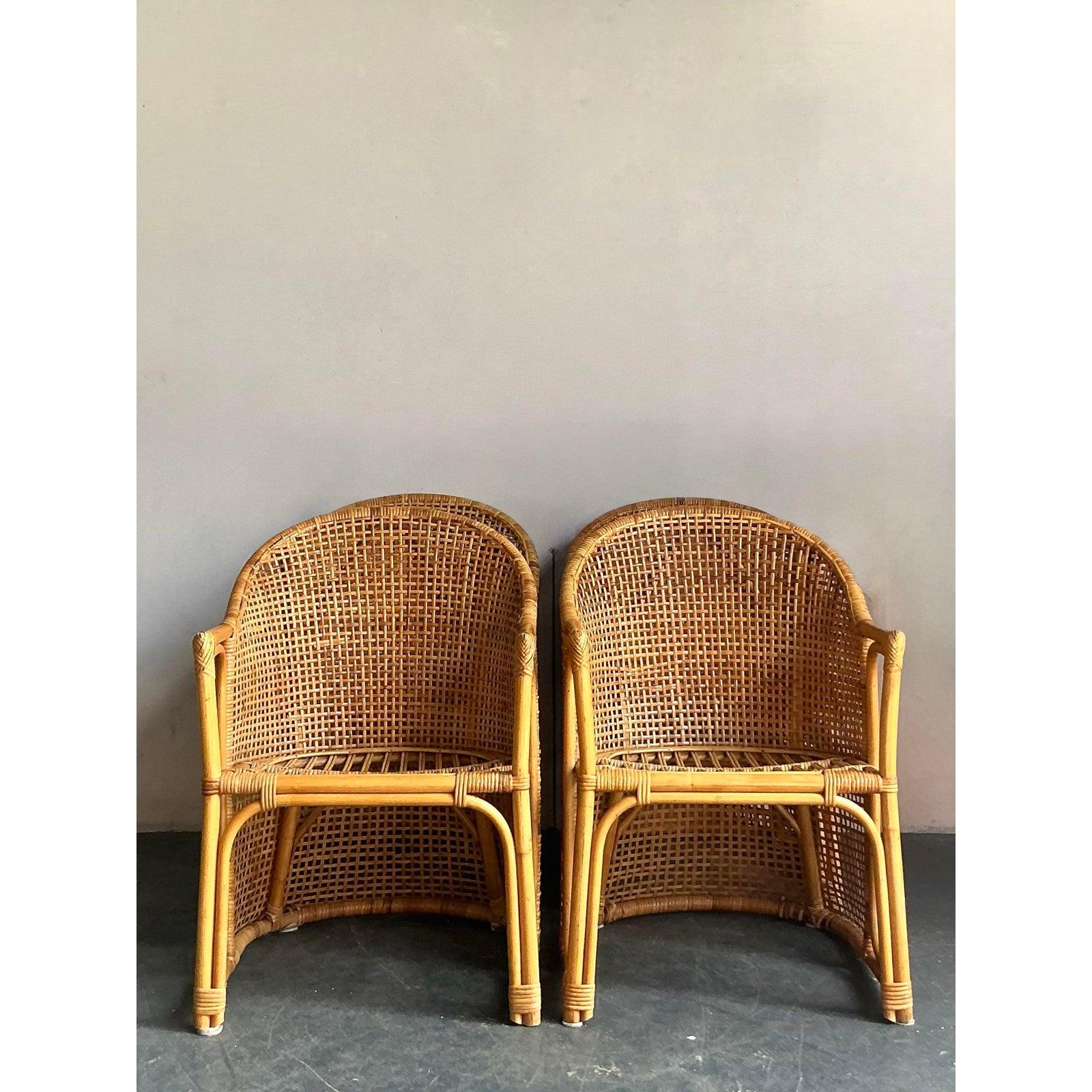 Vintage Coastal Woven Rattan Tub Chairs - A Set of 4 In Good Condition For Sale In West Palm Beach, FL