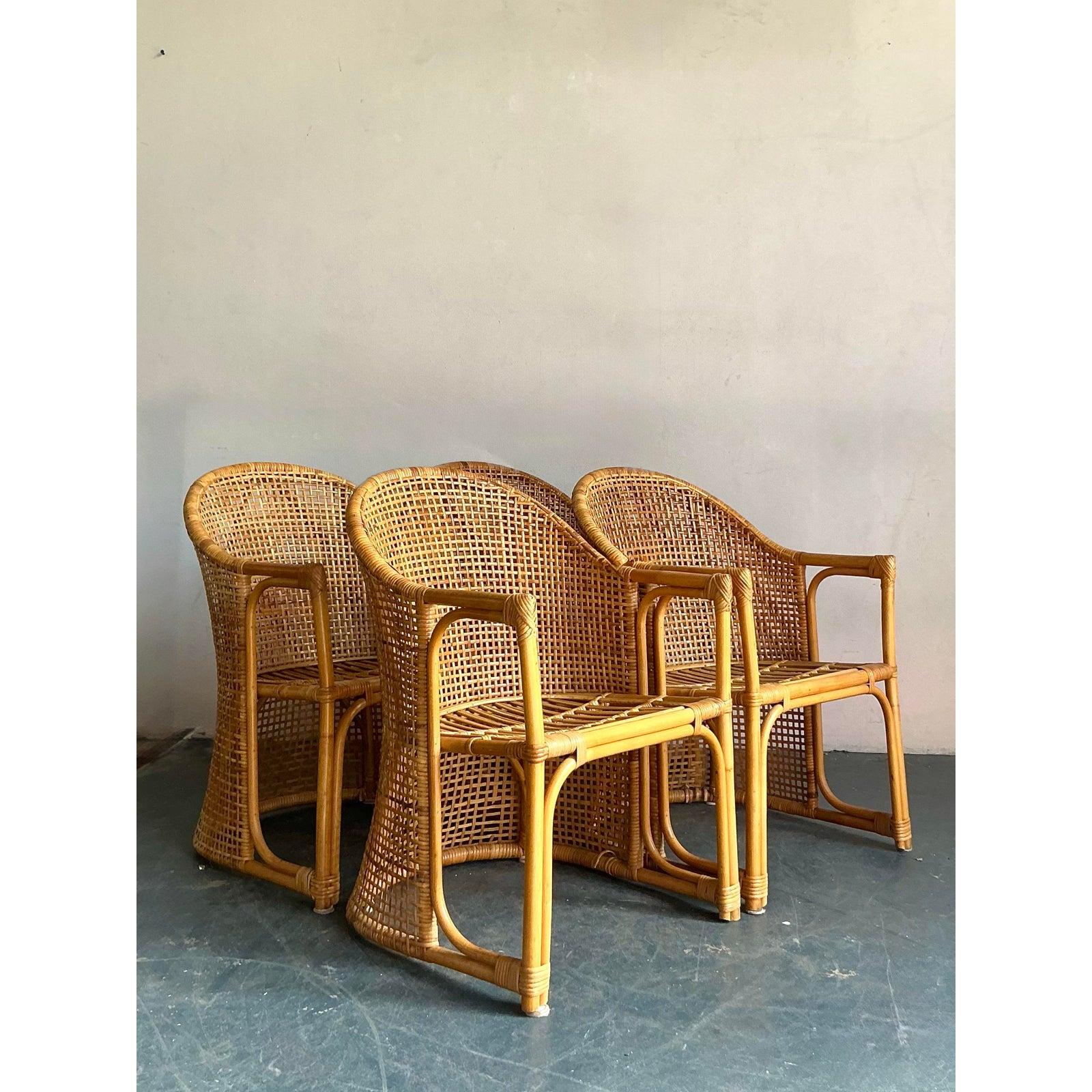 Vintage Coastal Woven Rattan Tub Chairs - A Set of 4 For Sale 2