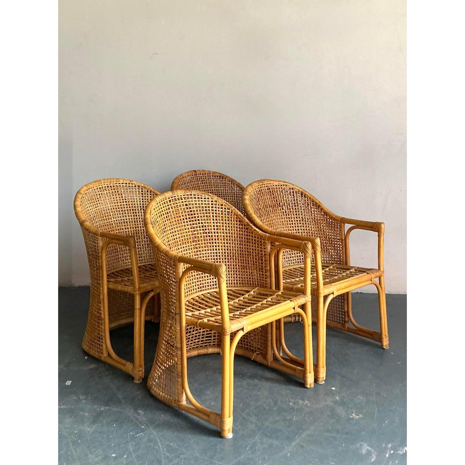 Vintage Coastal Woven Rattan Tub Chairs - A Set of 4 For Sale 3