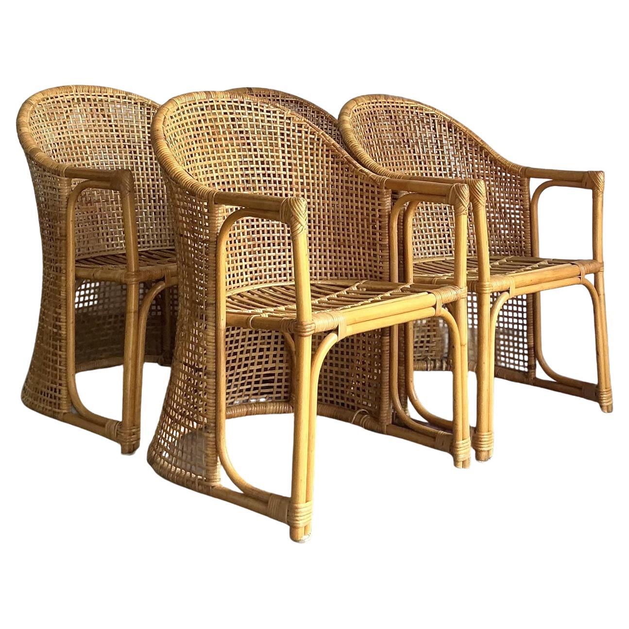 Vintage Coastal Woven Rattan Tub Chairs - A Set of 4 For Sale