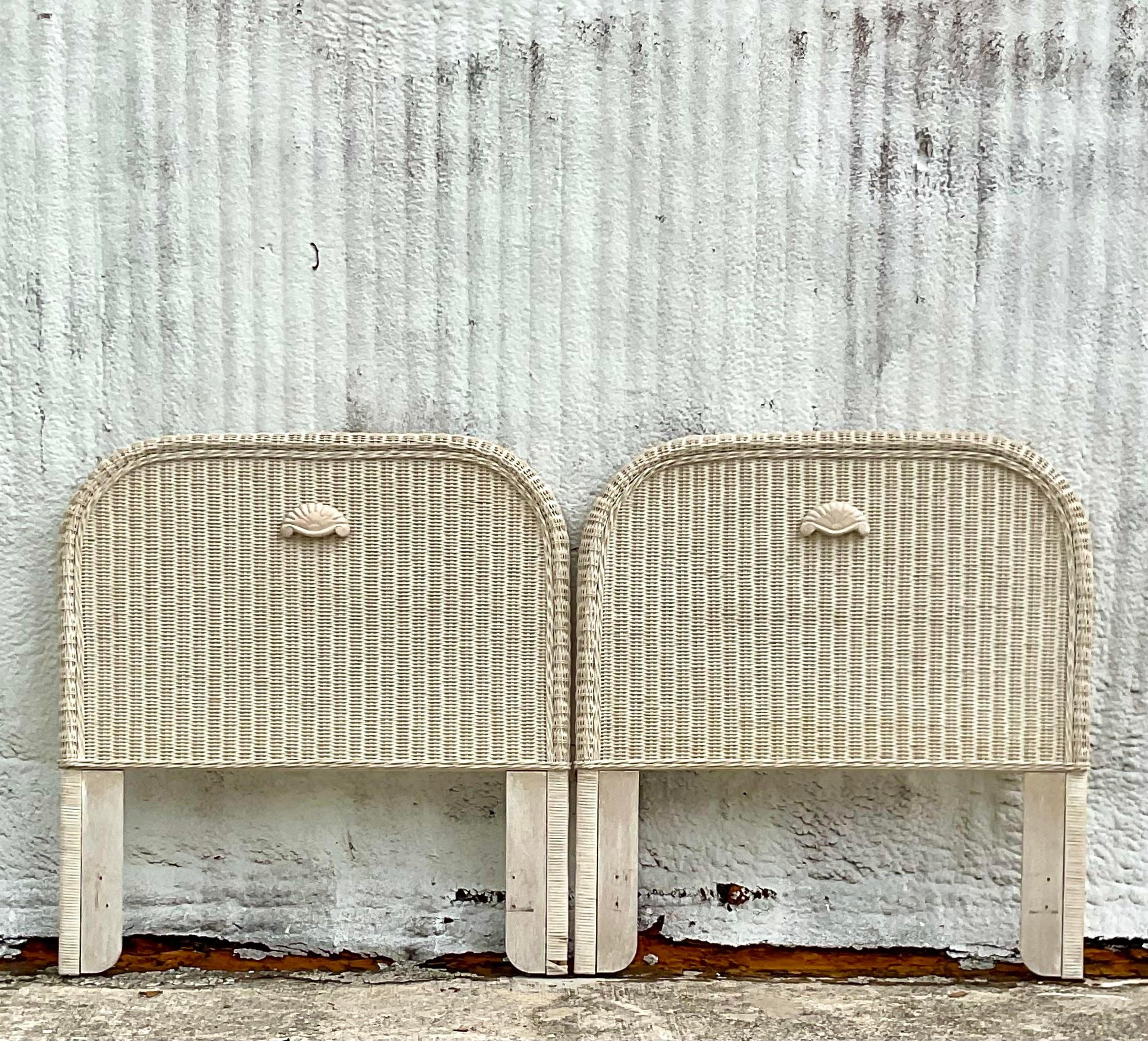 Vintage Coastal Woven Rattan Twin Headboards - a Pair In Good Condition For Sale In west palm beach, FL