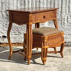 Tocador Vintage Coastal Tejido De Ratán Con Banco