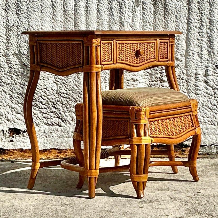 American Vintage Coastal Woven Rattan Vanity With Bench