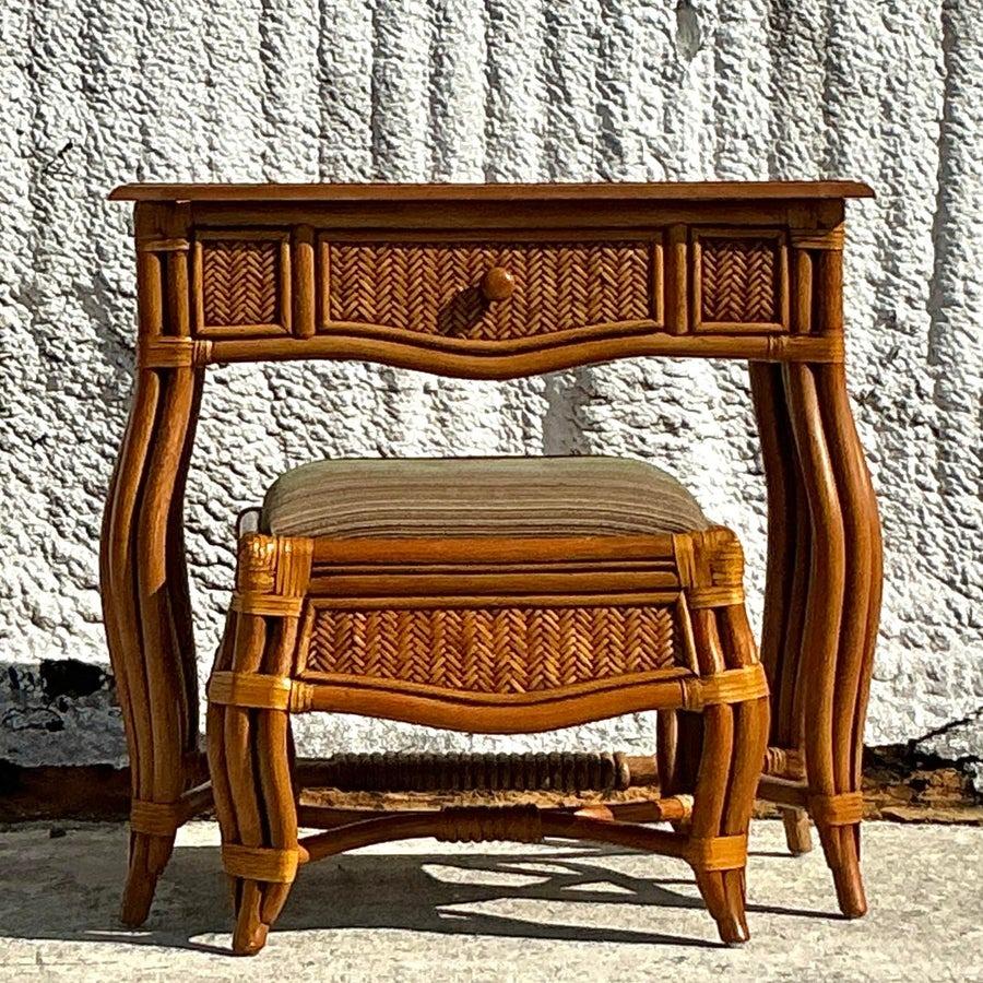 20th Century Vintage Coastal Woven Rattan Vanity With Bench