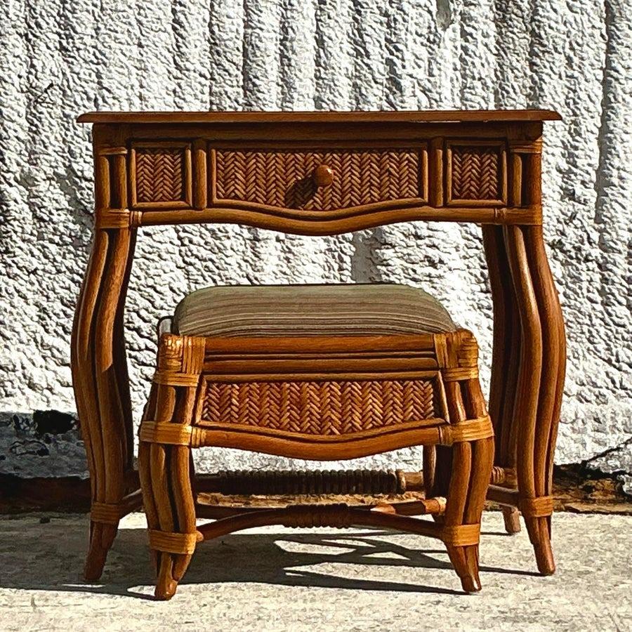 Vintage Coastal Woven Rattan Vanity With Bench 1