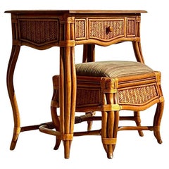 Vintage Coastal Woven Rattan Vanity With Bench