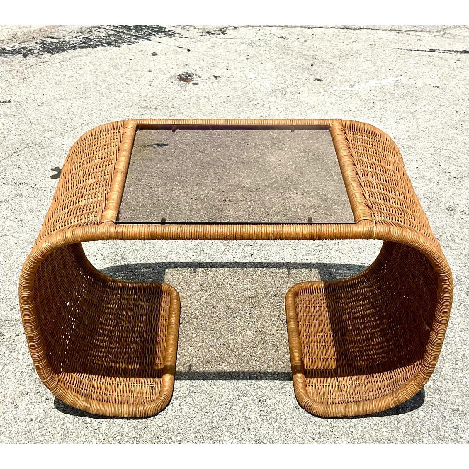 Vintage Coastal Woven Rattan Waterfall Coffee Table In Good Condition In west palm beach, FL