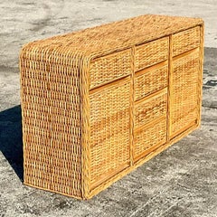 Vintage Coastal Woven Rattan Waterfall Credenza