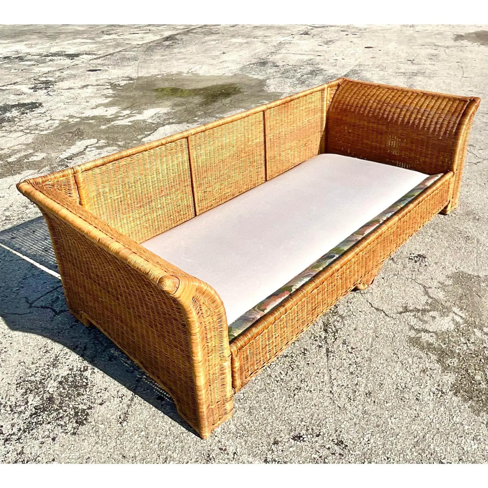 Vintage Coastal Woven Rattan Wing Sofa and Lounge Chairs 5