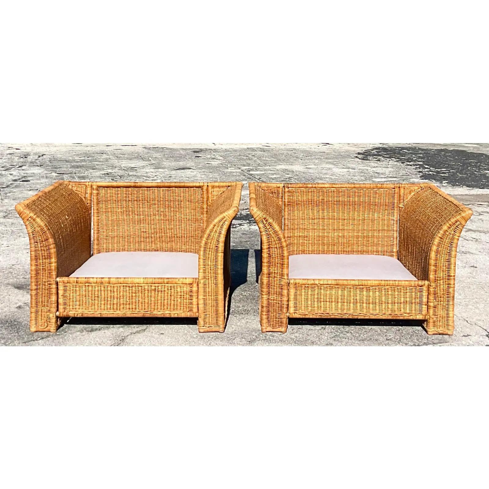 Vintage Coastal Woven Rattan Wing Sofa and Lounge Chairs 6