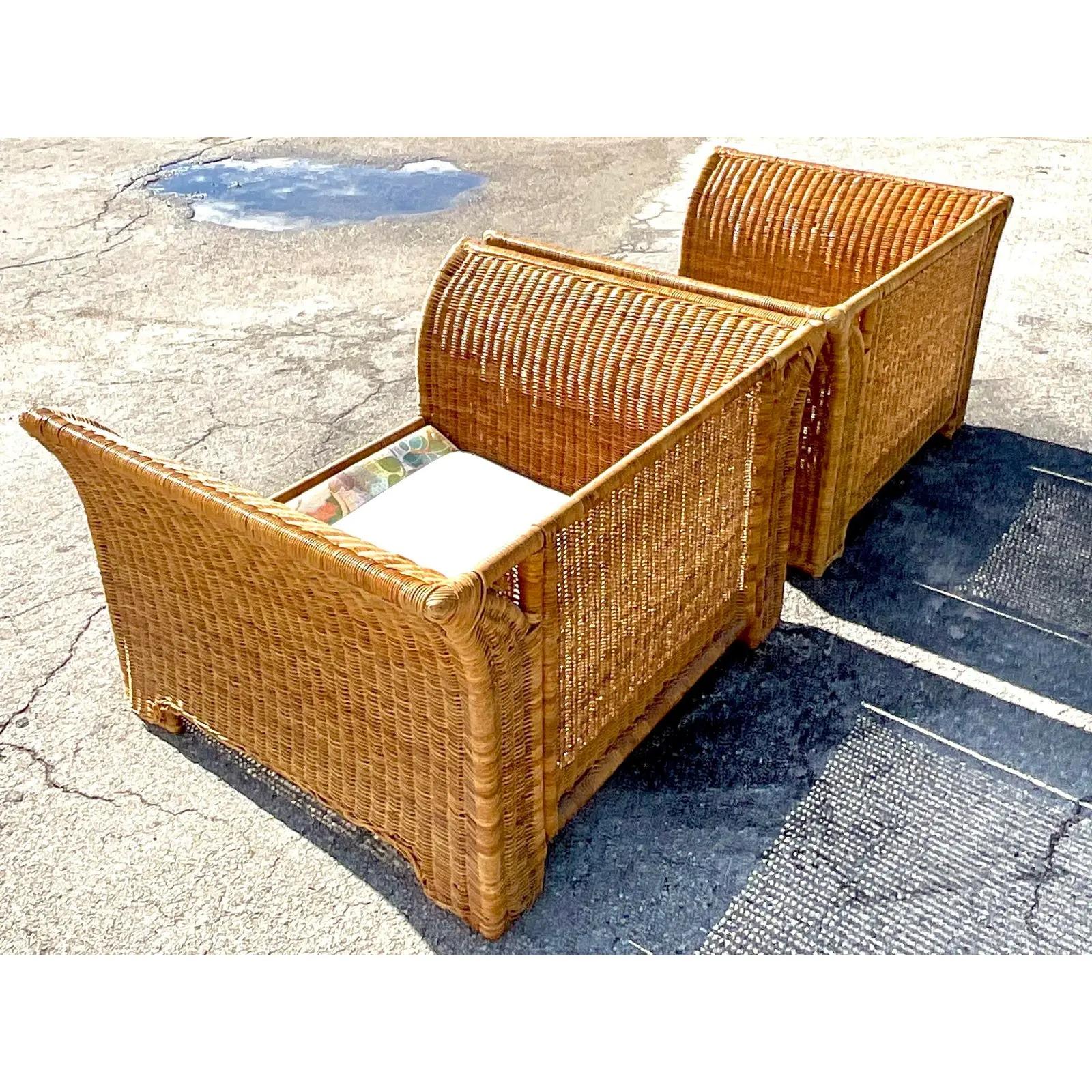 Vintage Coastal Woven Rattan Wing Sofa and Lounge Chairs 8