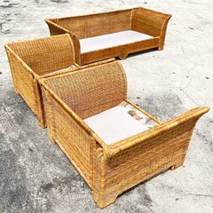 Vintage Coastal Woven Rattan Wing Sofa and Lounge Chairs