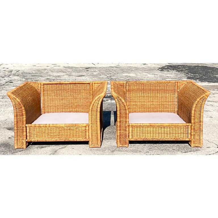 Vintage Coastal Woven Rattan Wing Sofa and Lounge Chairs For Sale at