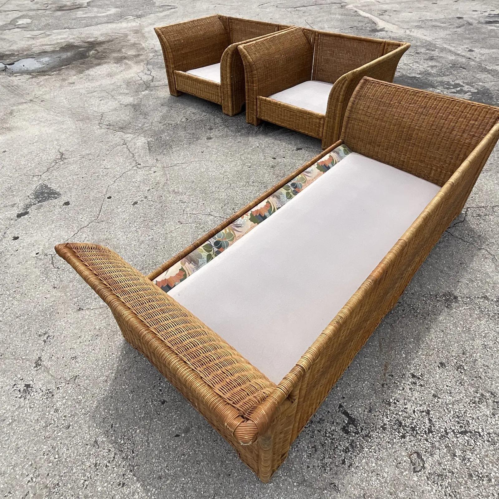 Vintage Coastal Woven Rattan Wing Sofa and Lounge Chairs In Good Condition In west palm beach, FL