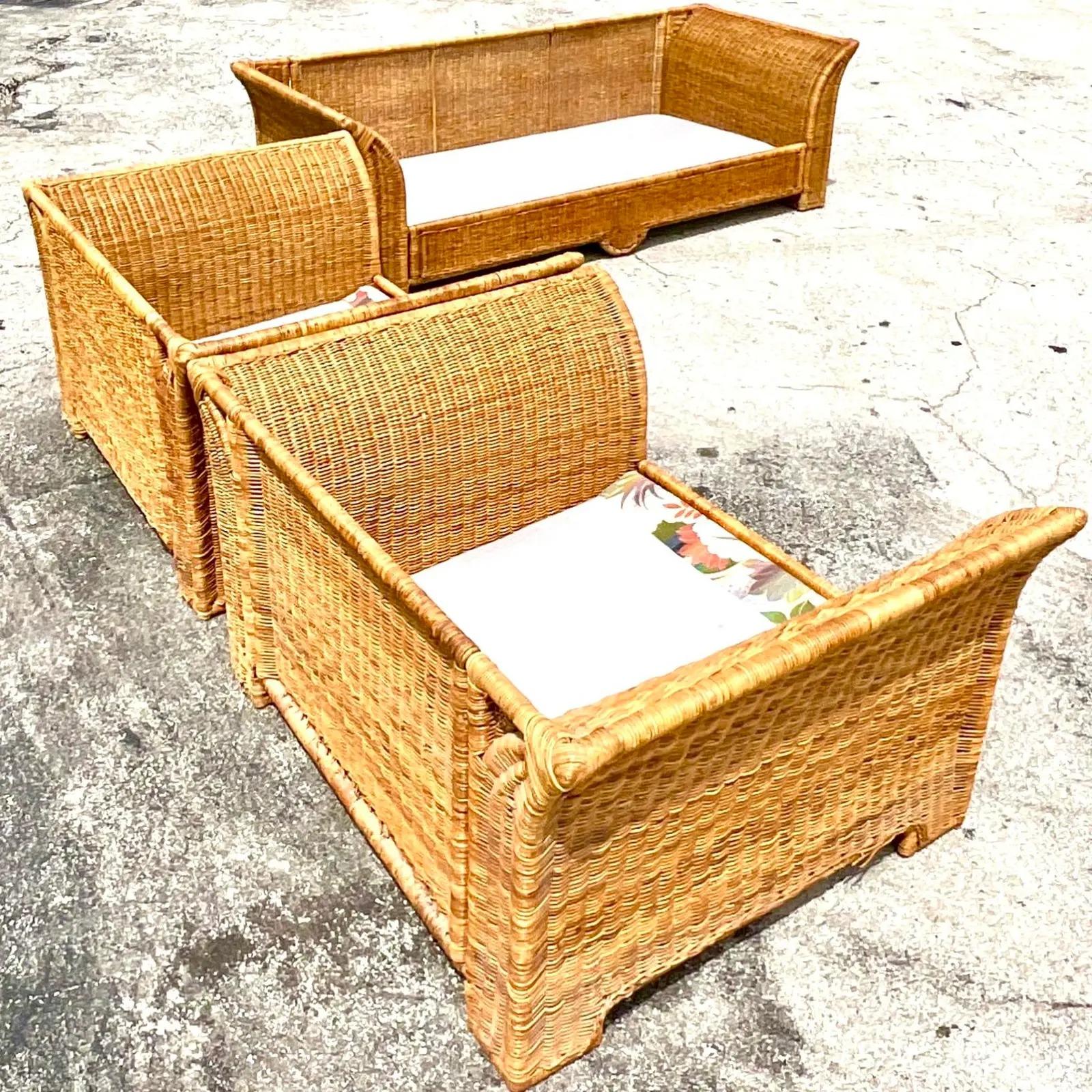 20th Century Vintage Coastal Woven Rattan Wing Sofa and Lounge Chairs