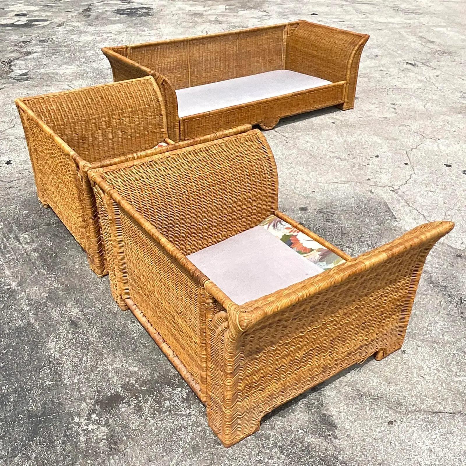 Vintage Coastal Woven Rattan Wing Sofa and Lounge Chairs 1