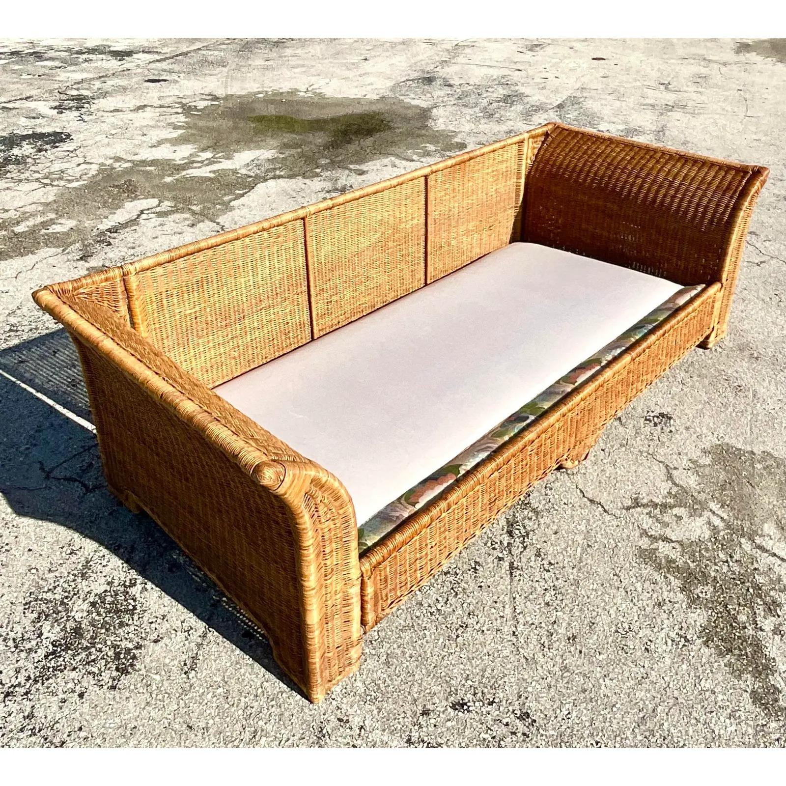 Vintage Coastal Woven Rattan Wing Sofa and Lounge Chairs 2