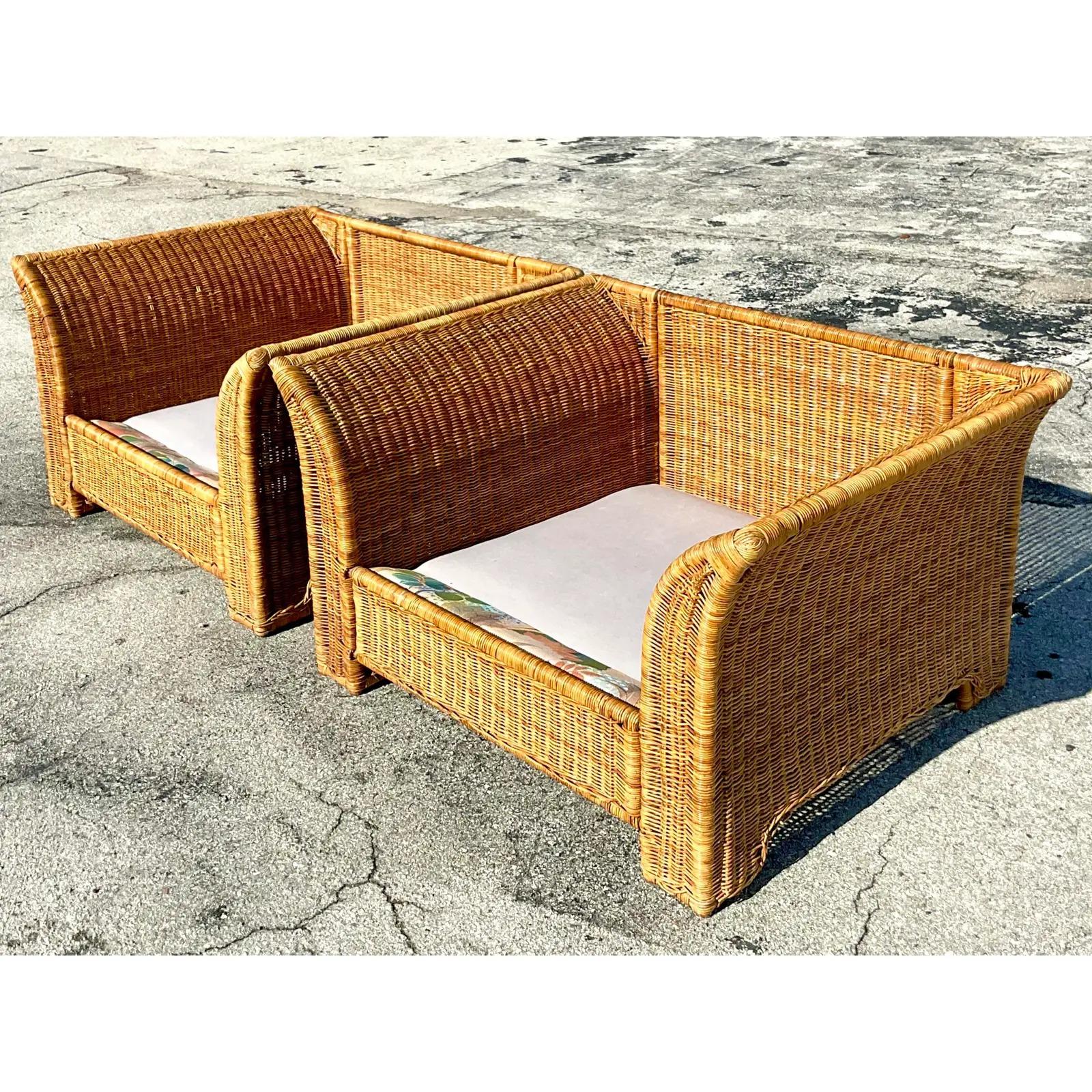 Vintage Coastal Woven Rattan Wing Sofa and Lounge Chairs 3