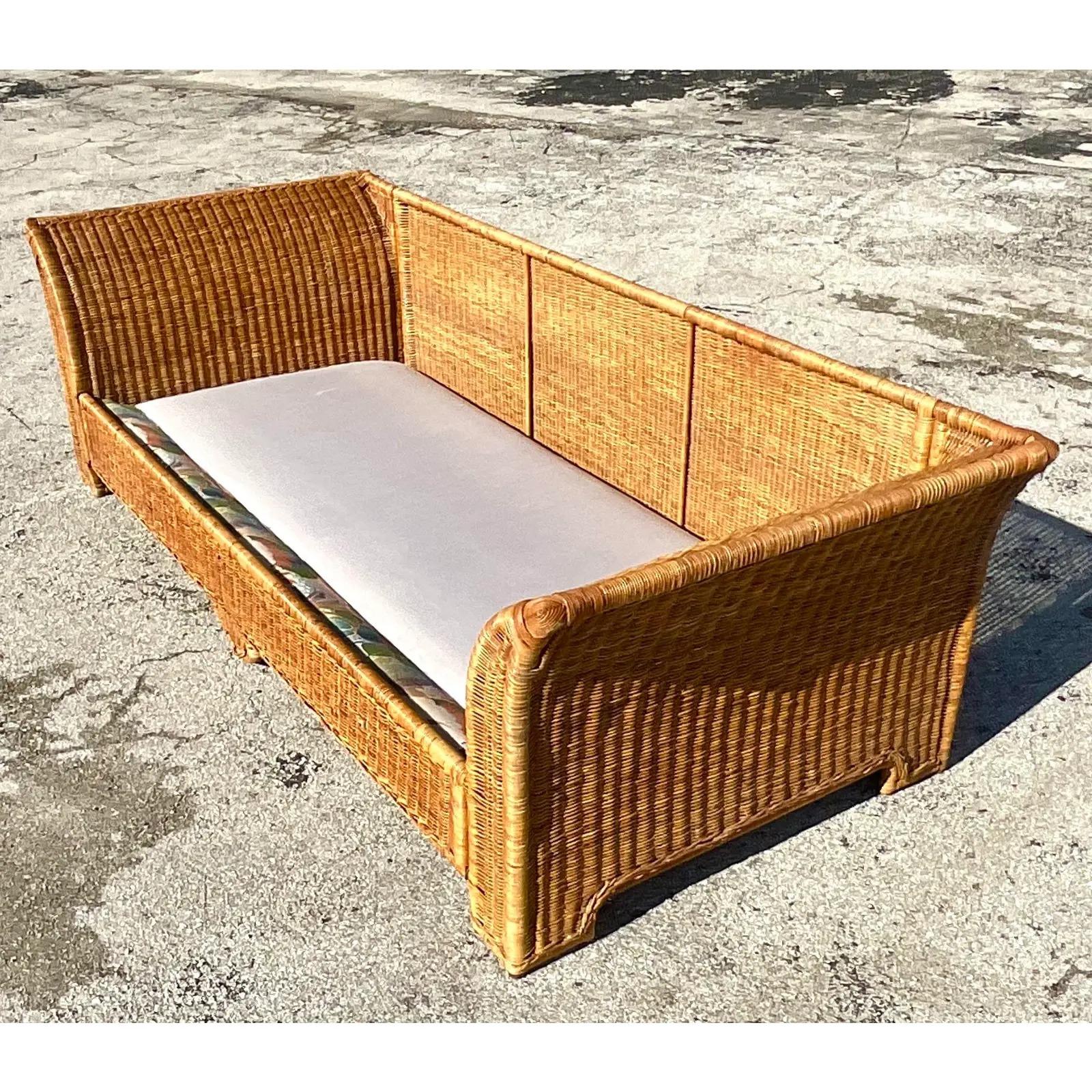 Vintage Coastal Woven Rattan Wing Sofa and Lounge Chairs 4