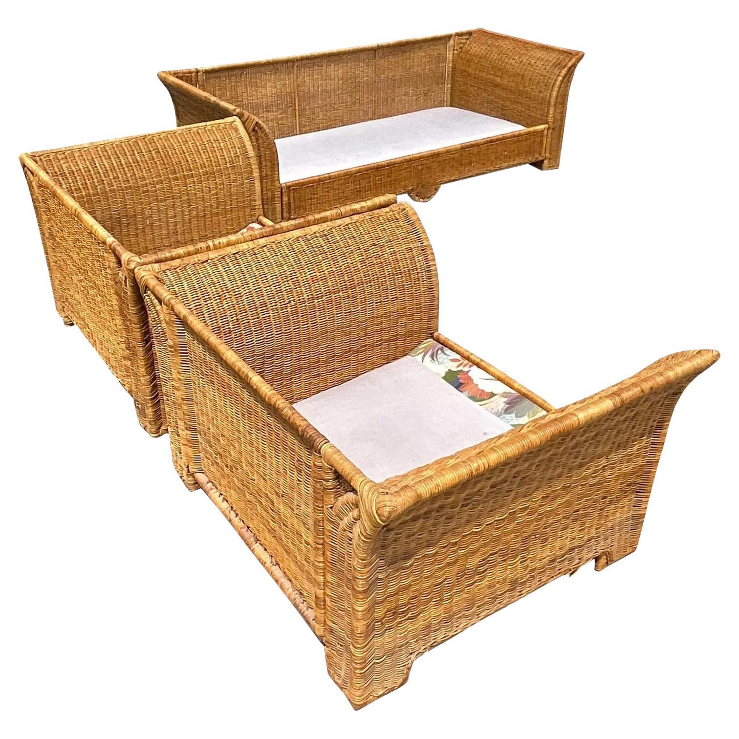 Vintage Coastal Woven Rattan Wing Sofa and Lounge Chairs