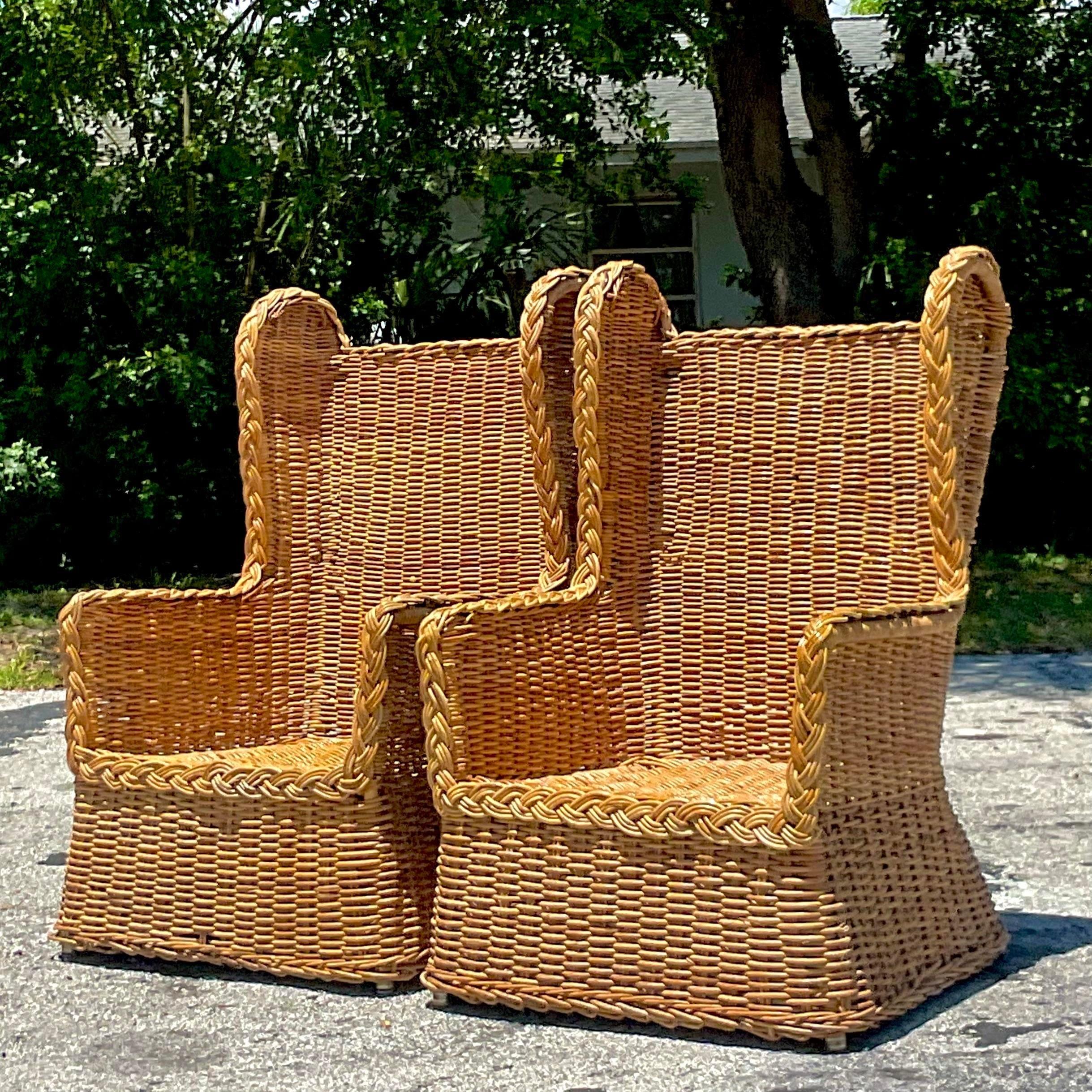 Vintage Coastal Woven Rattan Wingback Chairs - a Pair 4