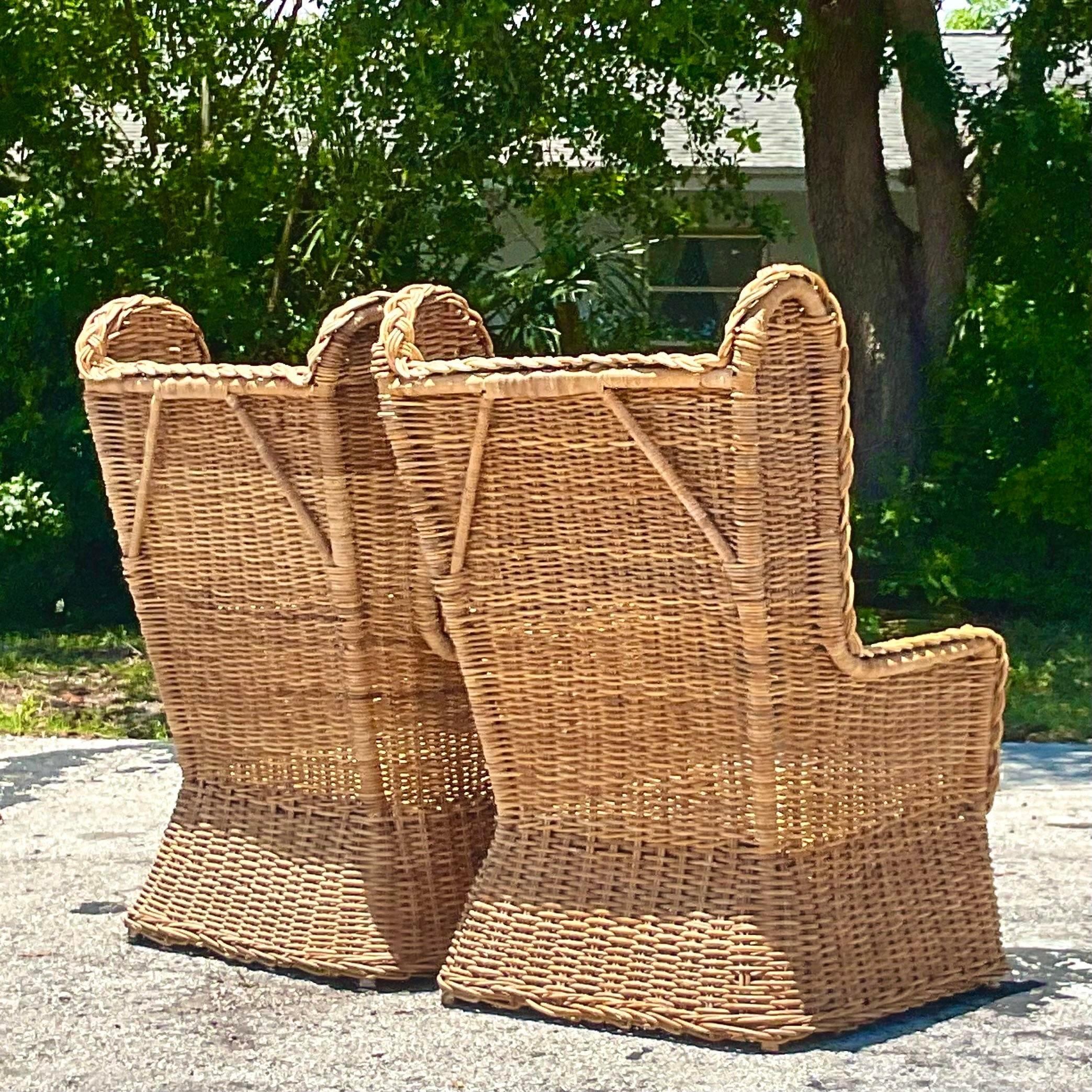 Vintage Coastal Woven Rattan Wingback Chairs - a Pair 7