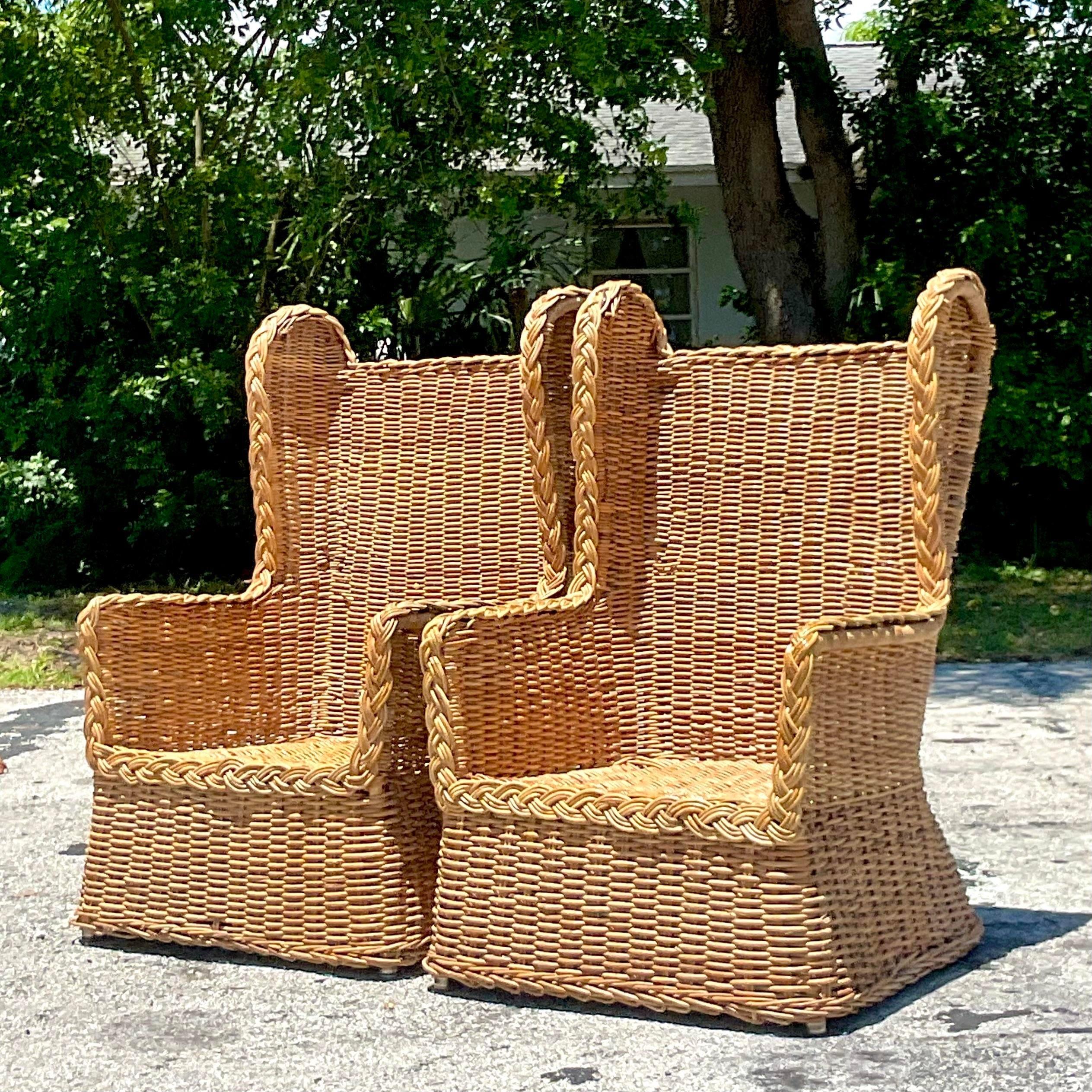 Vintage Coastal Woven Rattan Wingback Chairs - a Pair 9
