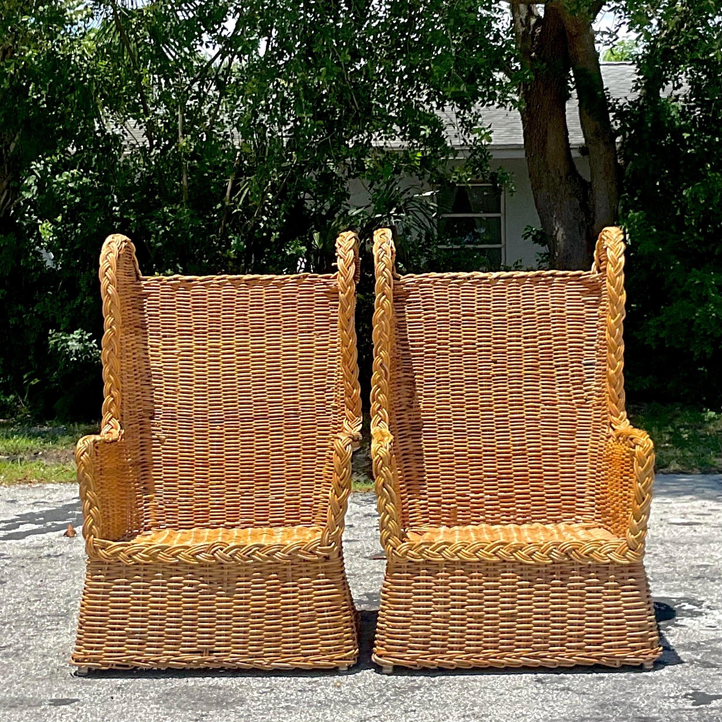 Vintage Coastal Woven Rattan Wingback Chairs - a Pair In Good Condition In west palm beach, FL