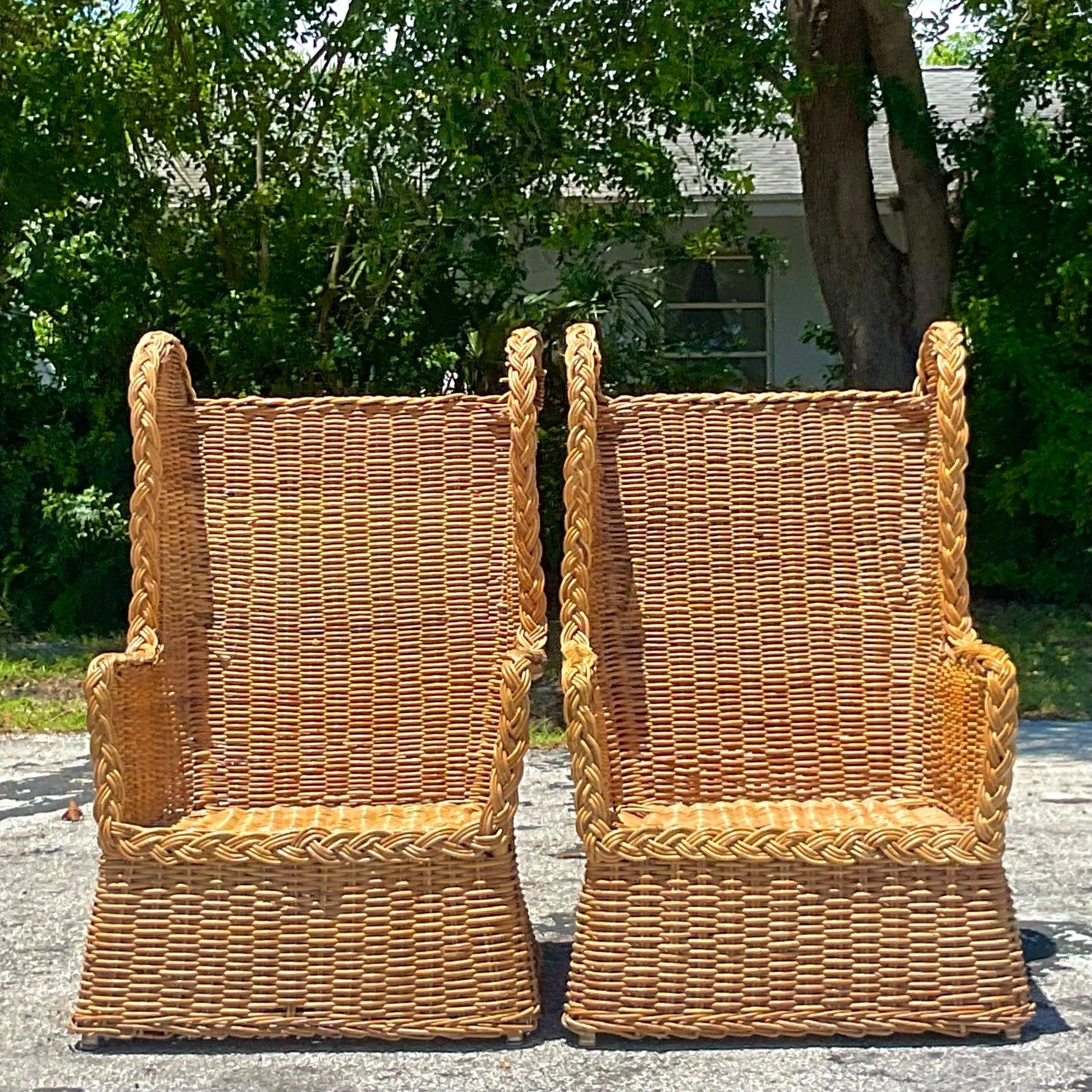 Fabric Vintage Coastal Woven Rattan Wingback Chairs - a Pair