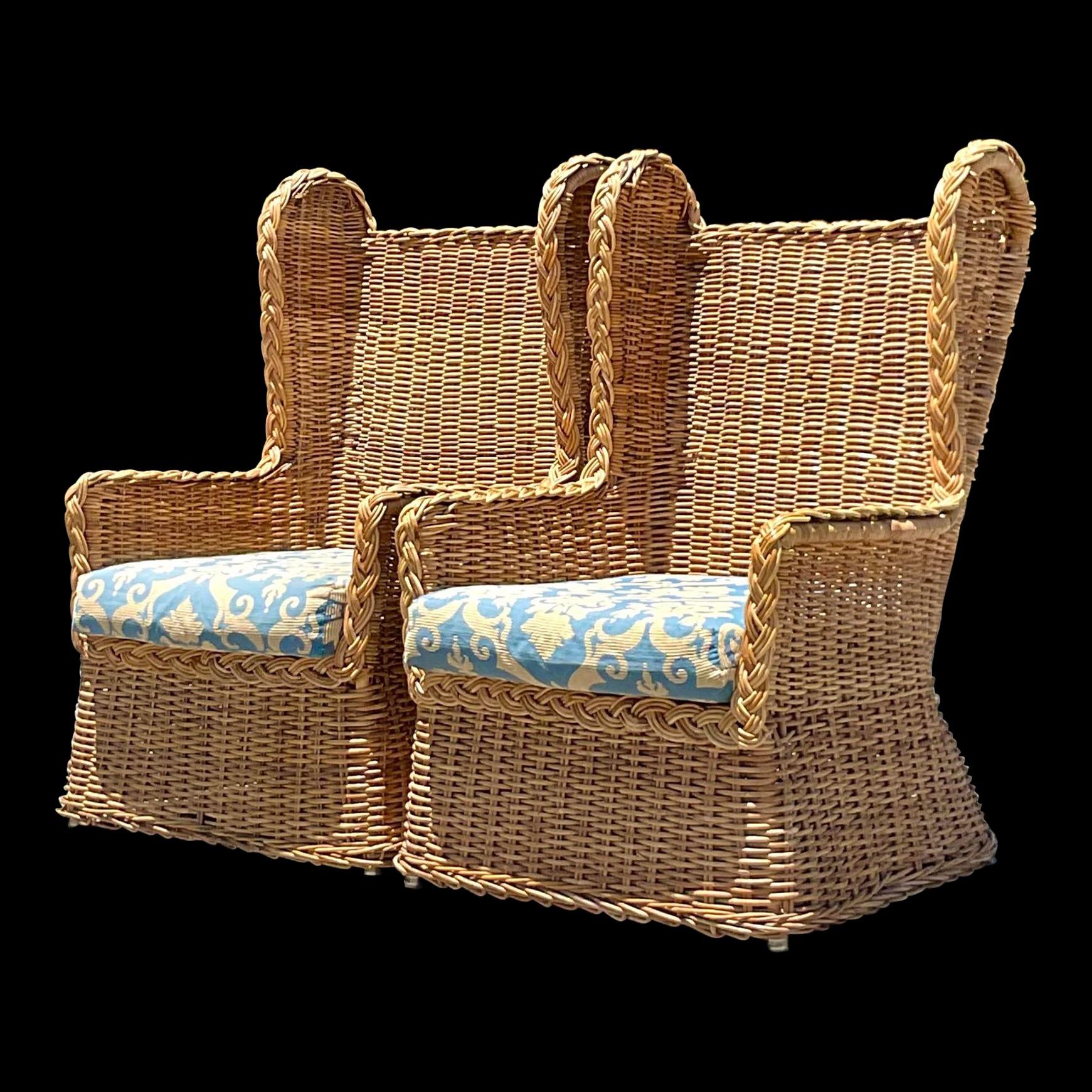 Vintage Coastal Woven Rattan Wingback Chairs - a Pair 2