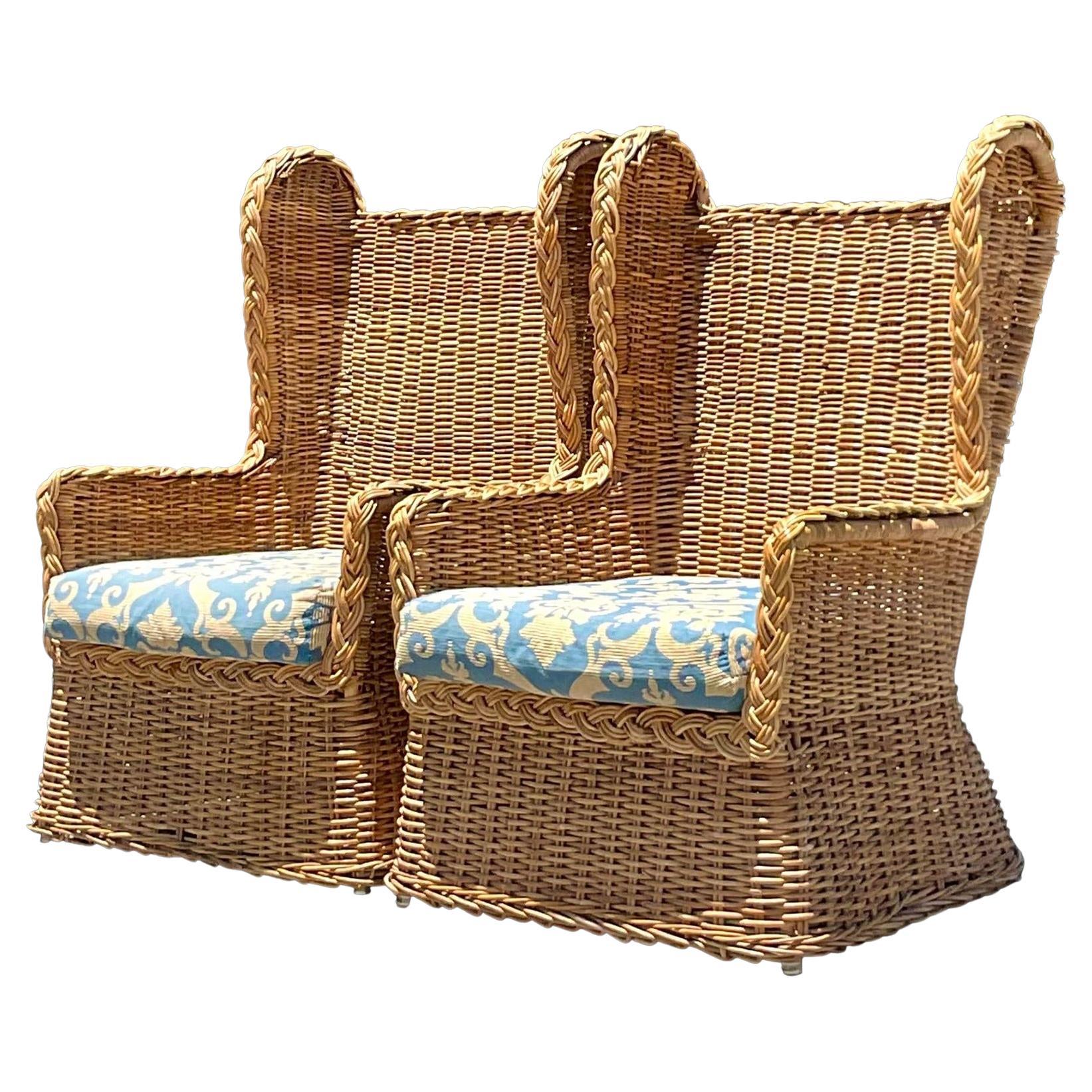 Vintage Coastal Woven Rattan Wingback Chairs - a Pair