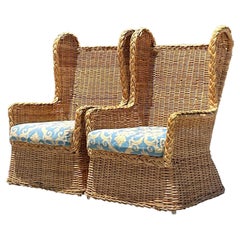 Retro Coastal Woven Rattan Wingback Chairs - a Pair