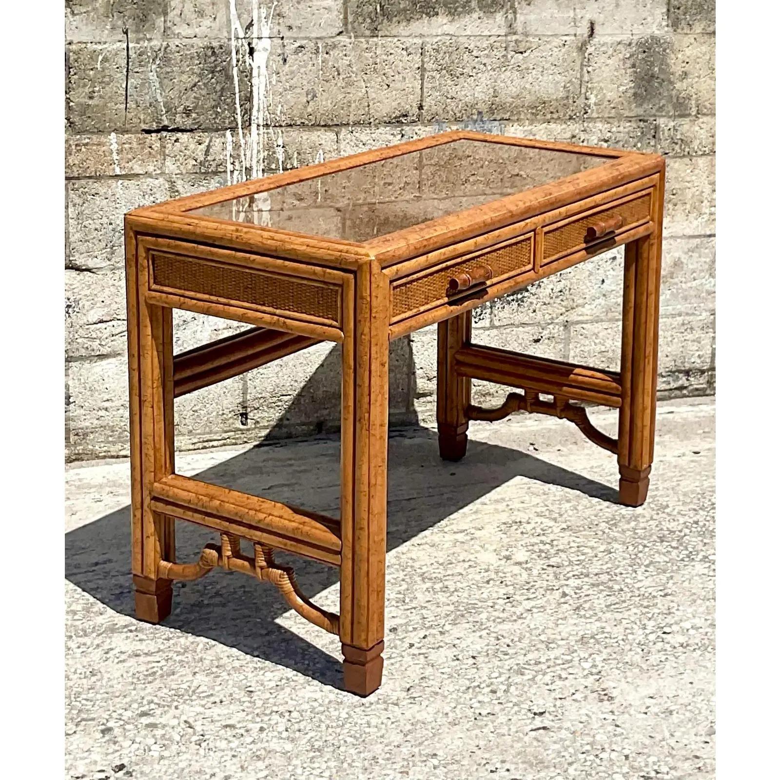 Fantastic vintage Coastal writing desk. Beautiful clean design with inset woven rattan panels. Acquired from a Palm Beach estate.