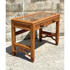 Vintage Coastal Woven Rattan Writing Desk After Ficks Reed