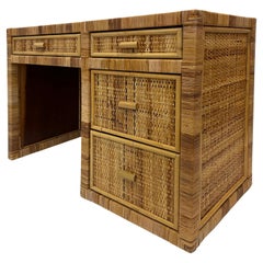 Used Coastal Woven Split Rattan Kneehole Desk with Four Drawers 