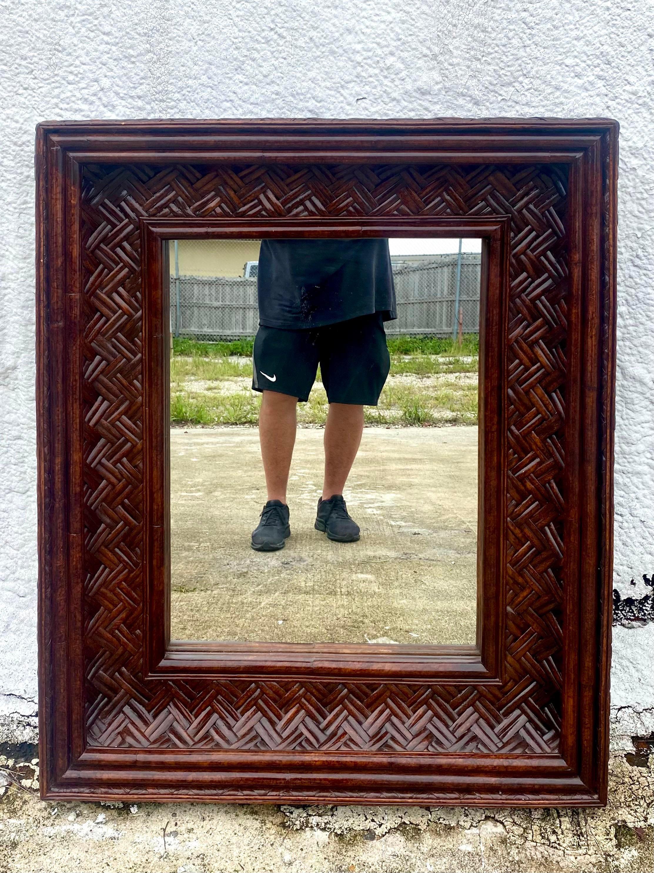 Miroir Vintage Coastal Woven Split Reed Bon état - En vente à West Palm Beach, FL