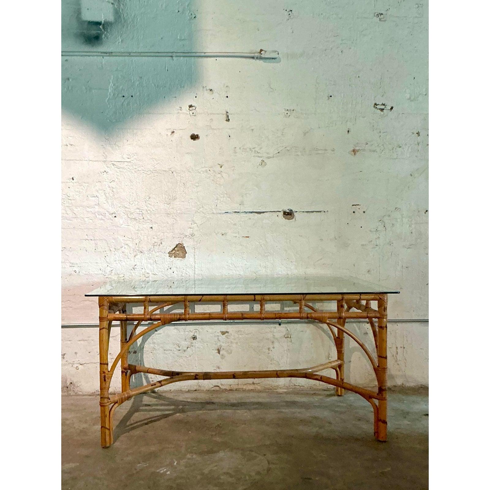 Hollywood Regency Vintage Coastal Wrapped Bamboo Dining Table For Sale