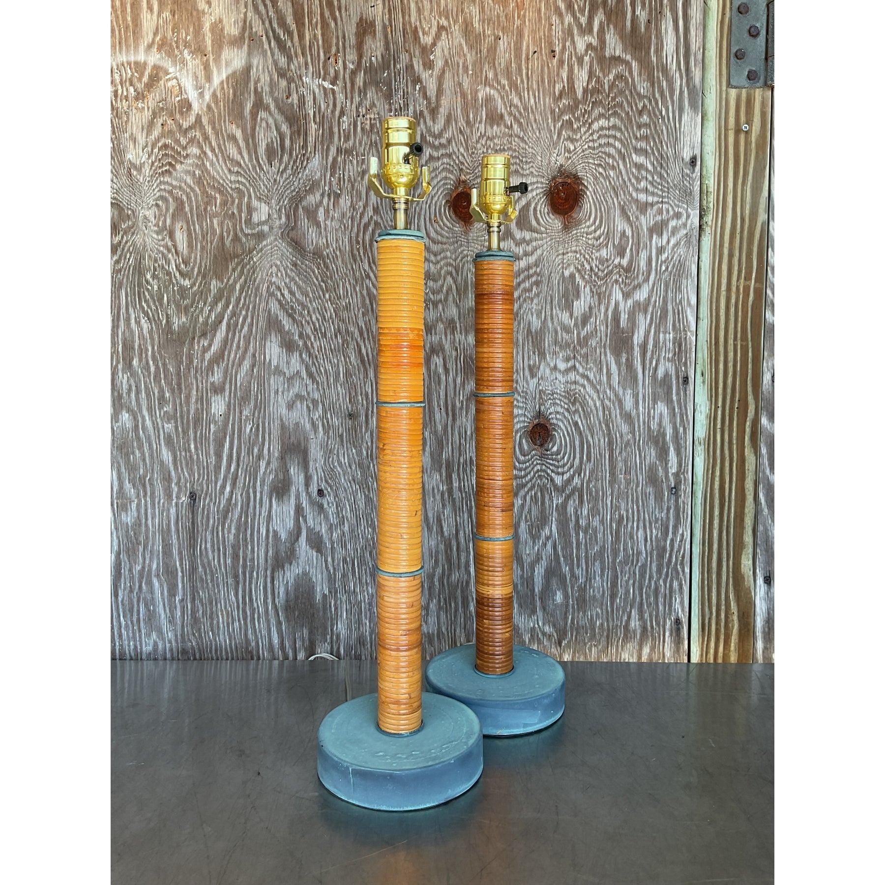 Lampade a colonna in canna a matita avvolte, vintage, una coppia in vendita 4