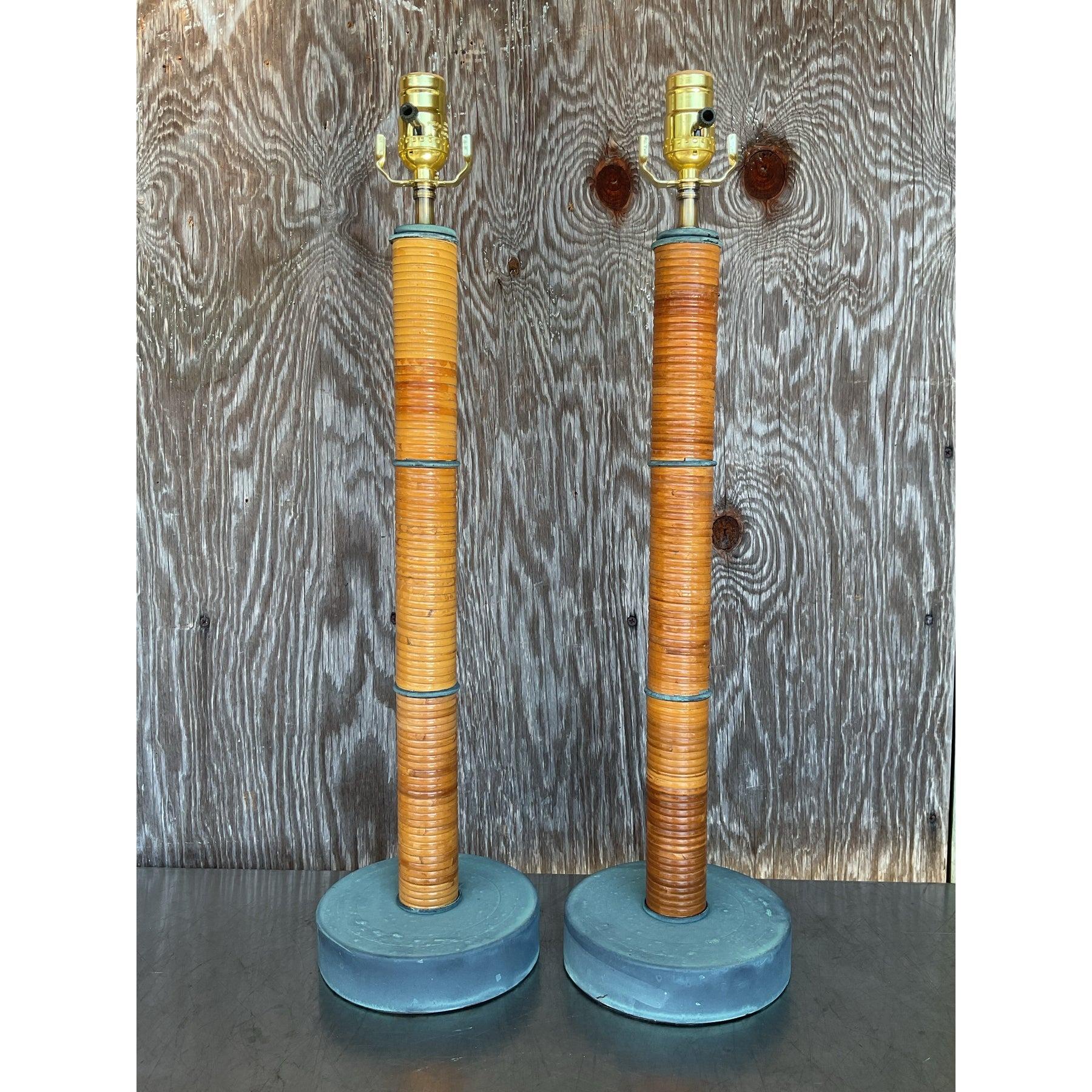 Lampade a colonna in canna a matita avvolte, vintage, una coppia in vendita 1
